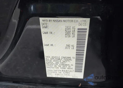 2015 Nissan Altima 2.5/S/Sv/Sl z USA, uszkodzony, nr VIN 1N4AL3AP3FN868567